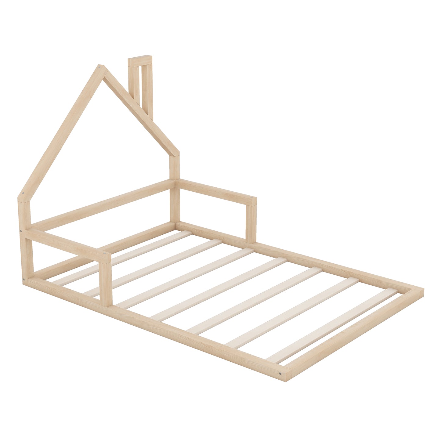 Natural wood house bed frame with slatted base