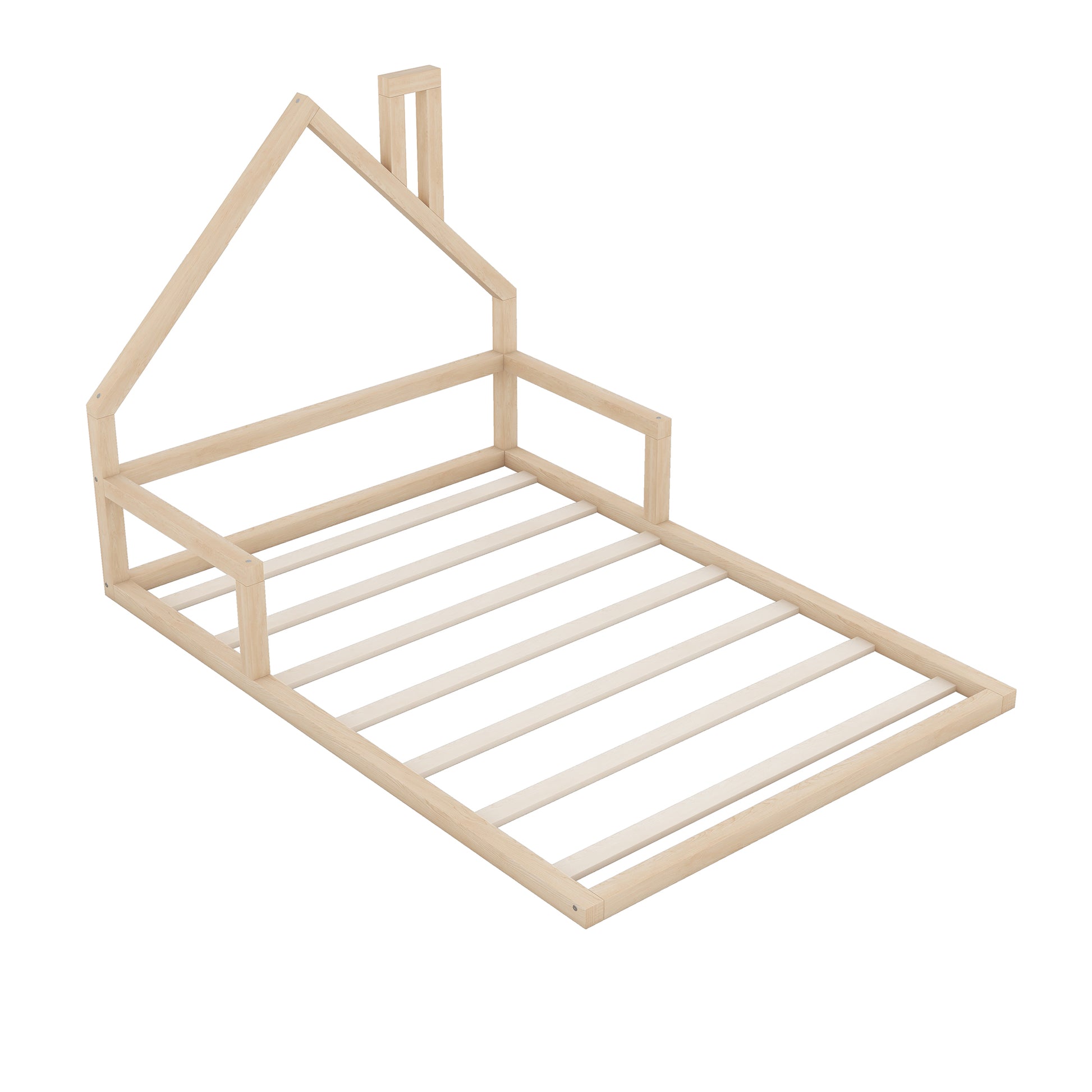 Natural wood Montessori bed frame with house roof detail for toddlers