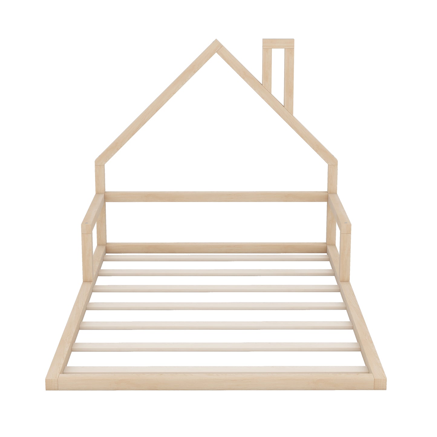 Natural wood twin house bed frame with slatted base and chimney detail
