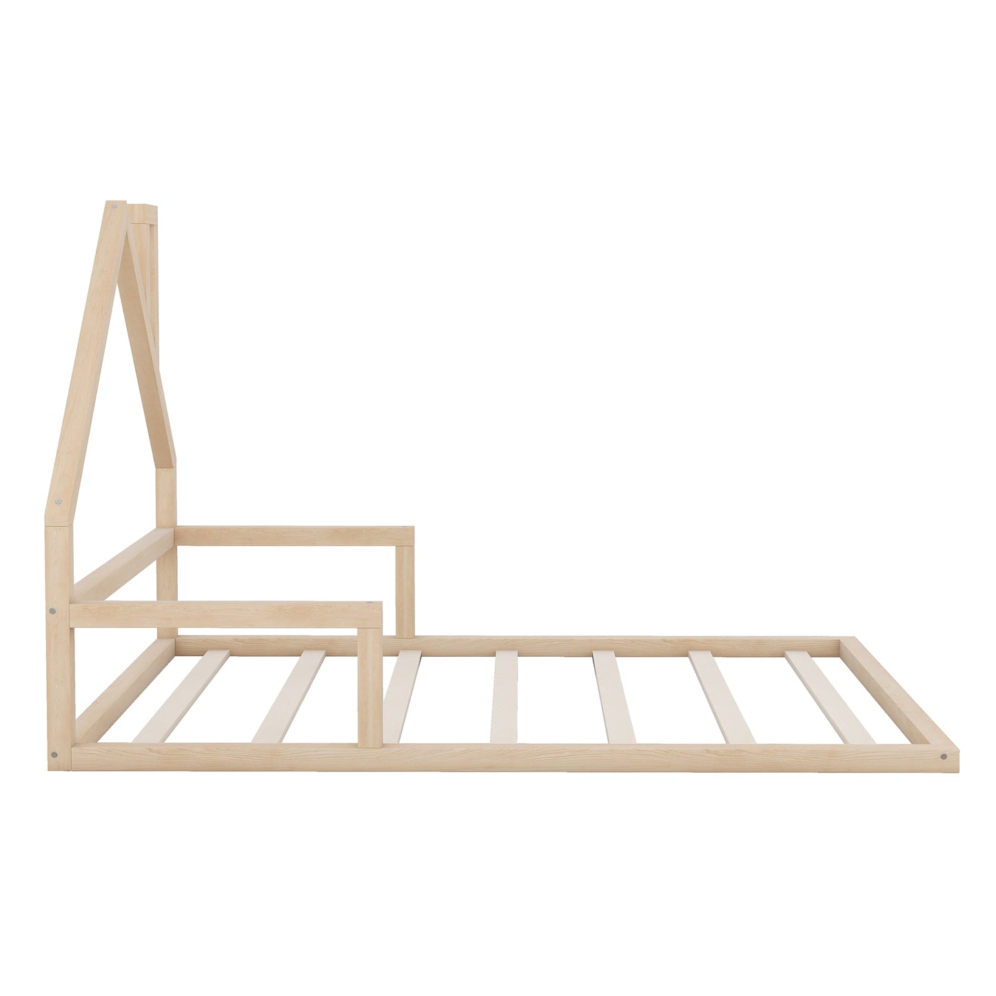 Natural wood house bed frame with slatted base