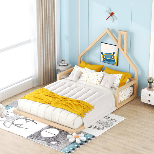 Wooden house frame toddler bed with white bedding and yellow throw
