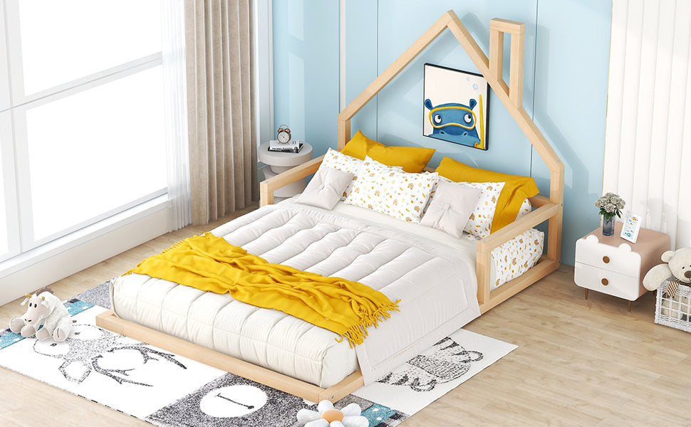 Wooden house bed frame with white bedding and yellow throw