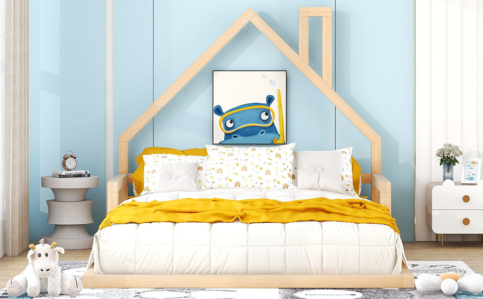 Minimalist wooden house bed frame with white bedding and yellow throw blanket