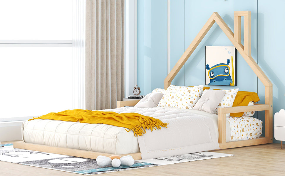 Wooden house frame bed for kids with yellow throw