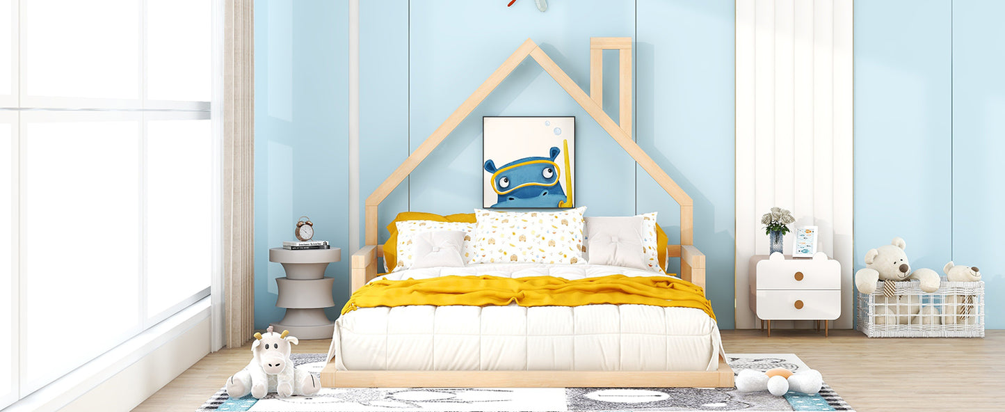 Wooden house bed frame with blue hippo artwork