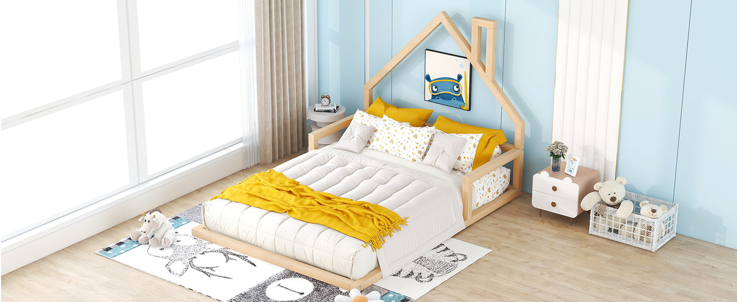Wooden house bed frame with white bedding and yellow throw