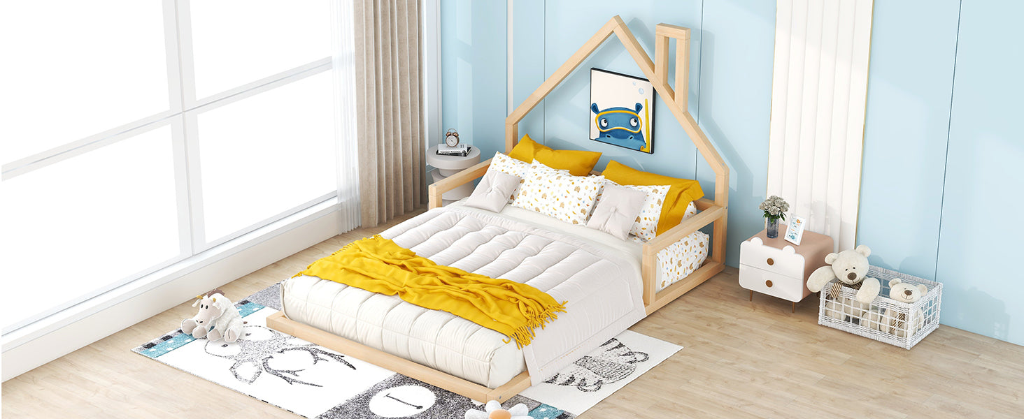 Wooden house bed frame with white bedding and yellow throw
