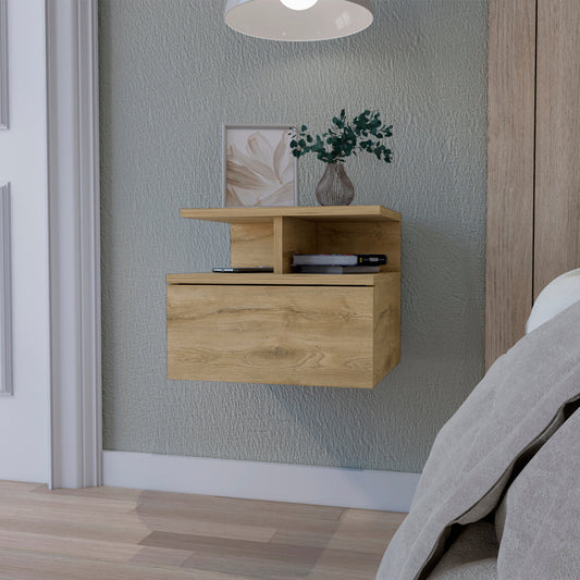 Floating nightstand with natural wood finish and drawer