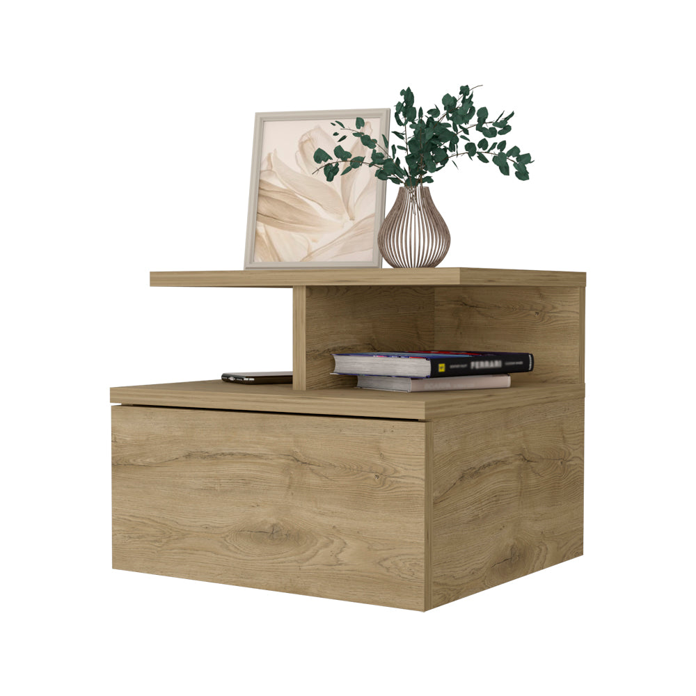 Modern oak veneer nightstand with one drawer and open shelving