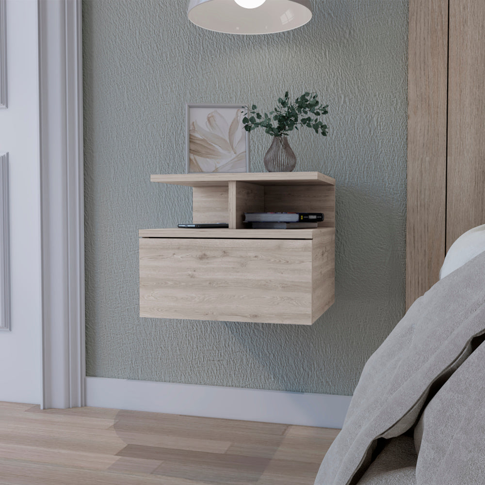 Floating wooden nightstand with drawer and open shelf