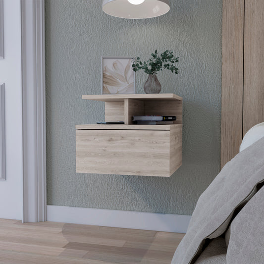Floating wooden nightstand with drawer and open shelf