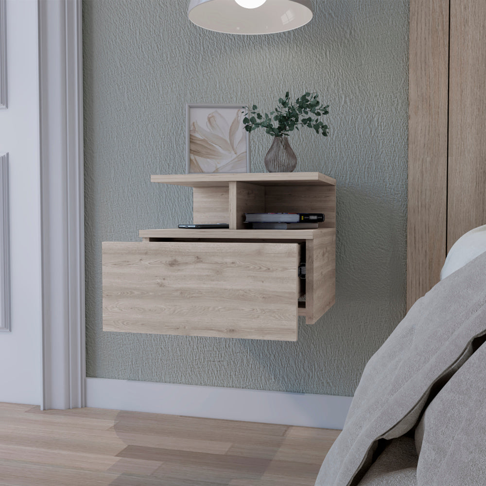 Floating wooden nightstand with drawer and open shelf