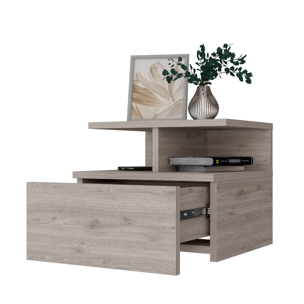 Modern gray wood bedside table with open drawer and shelf storage