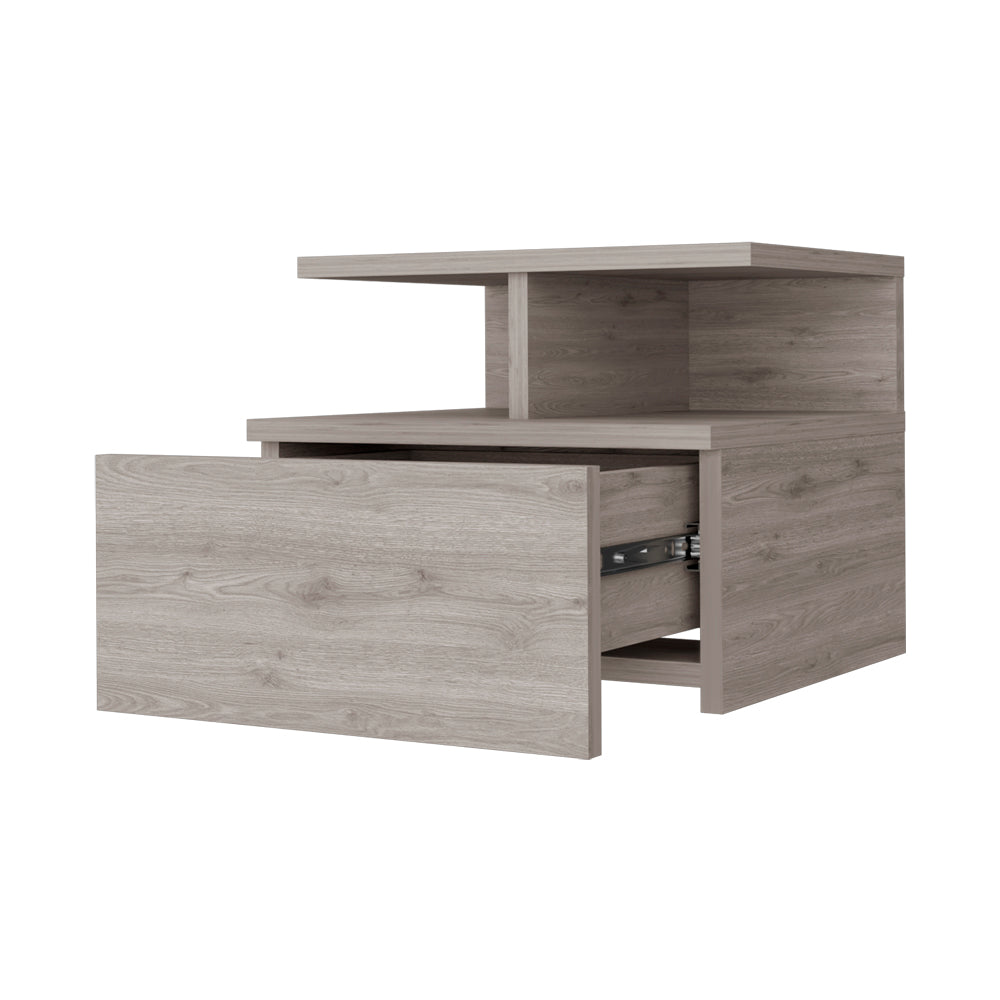 Modern grey wood nightstand with one open drawer and an open shelf