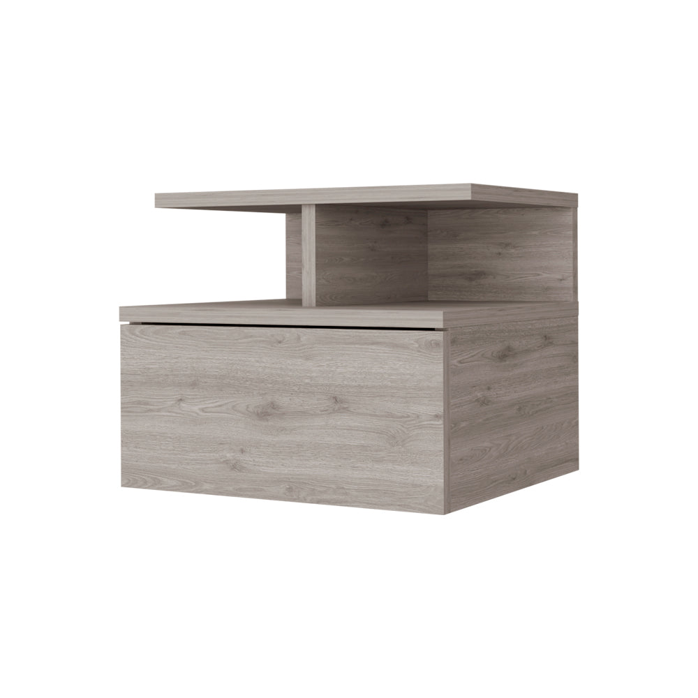 Gray wood grain bedside table with open shelf and drawer Modern nightstand