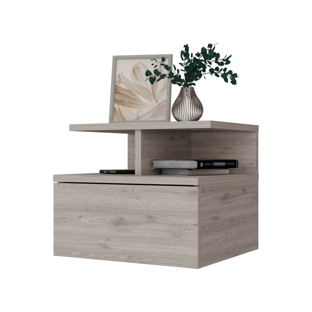 Modern light oak wood bedside table with drawer and open shelf