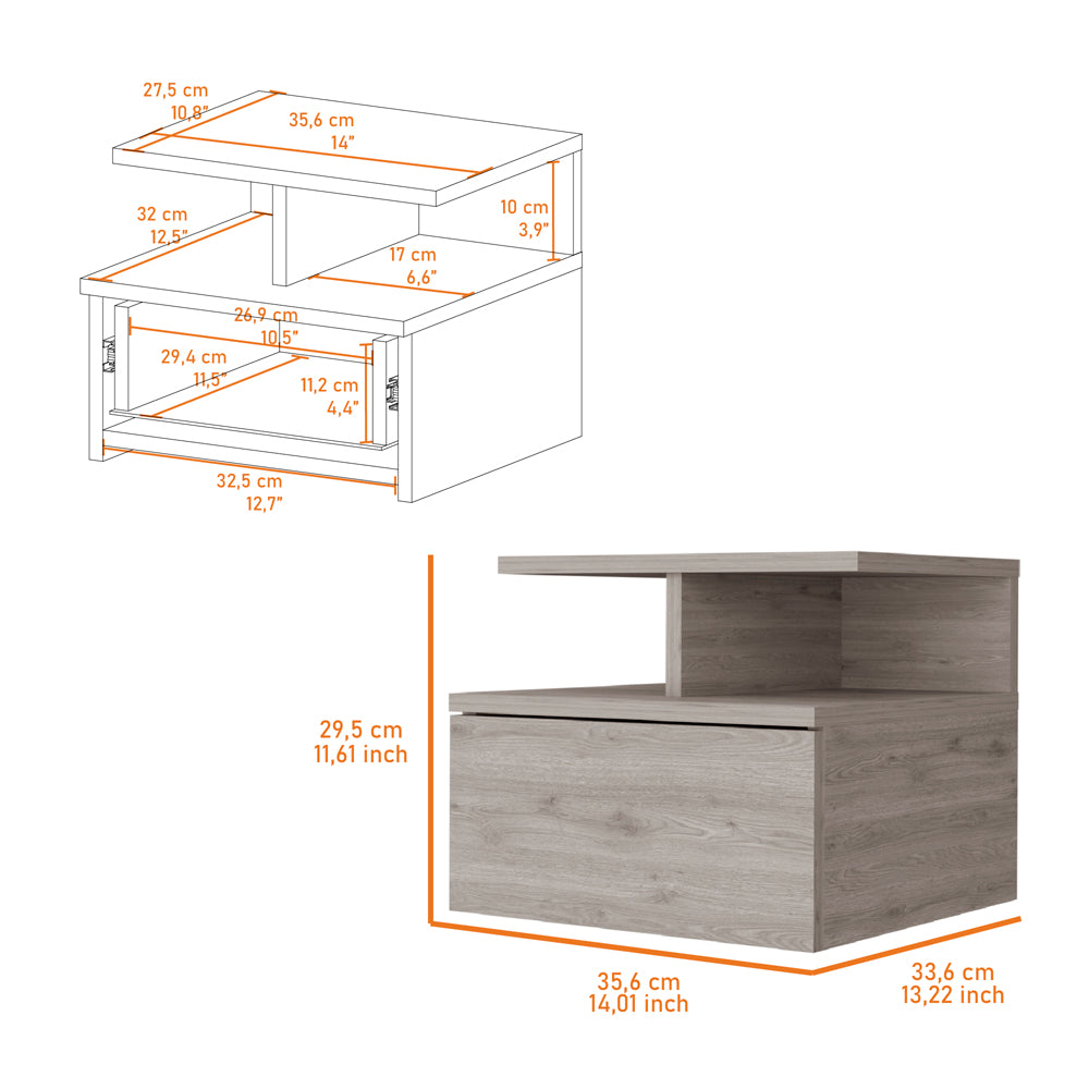 Modern grey wood bedside table with one drawer and open shelf
