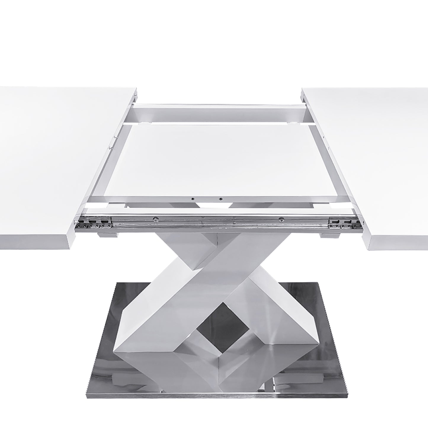 Modern white extendable dining table with a geometric pedestal base and stainless steel top