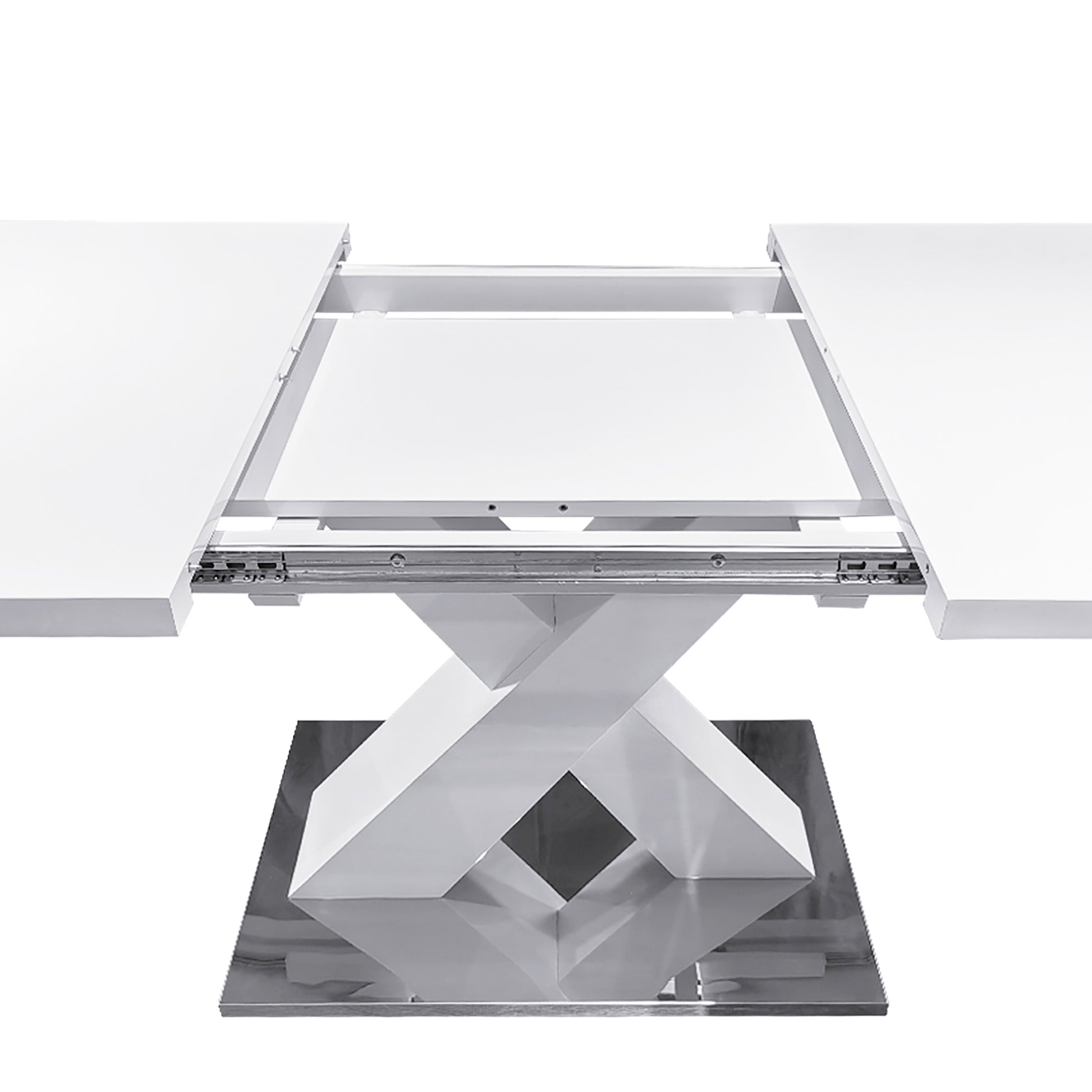 Modern white extendable dining table with a geometric pedestal base and stainless steel top