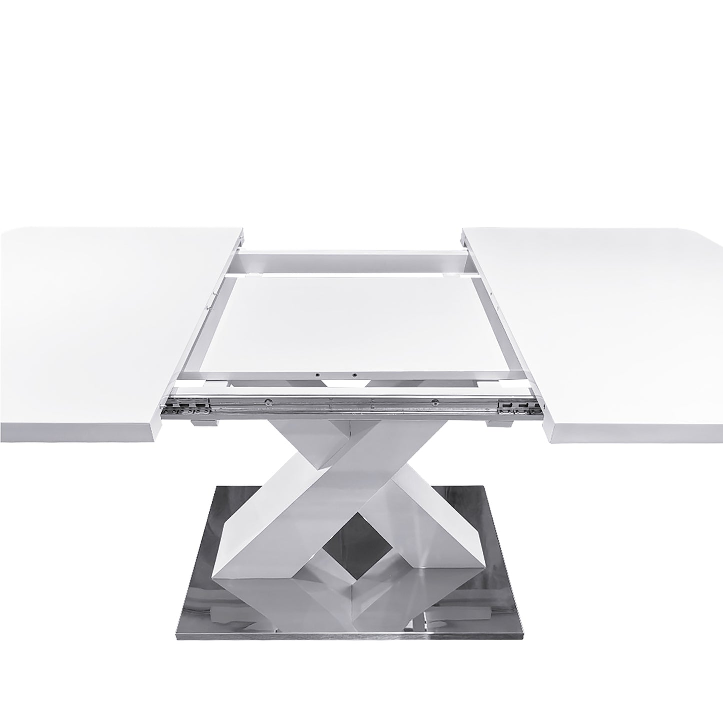 White glossy extendable dining table with chrome Xbase