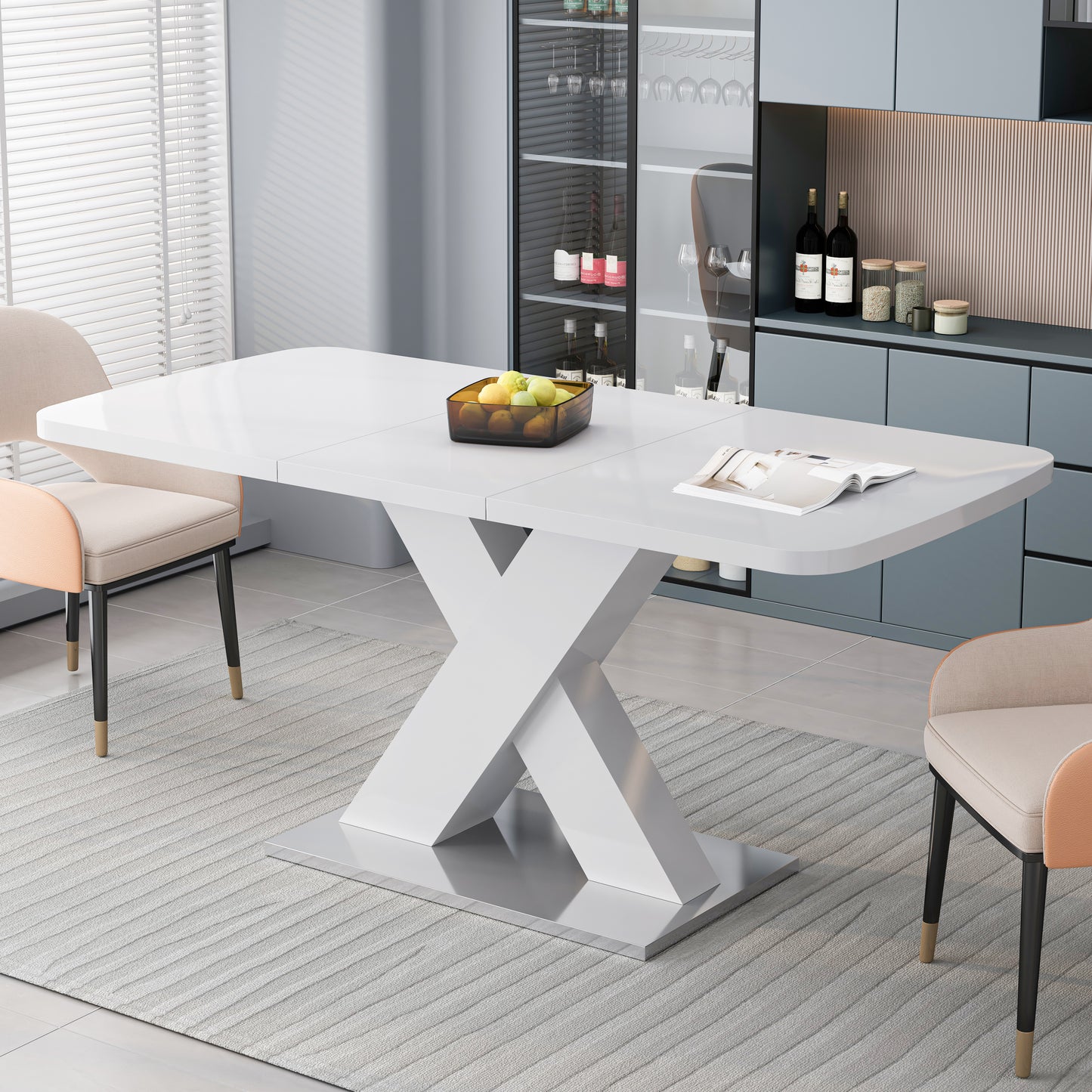 Glossy white extendable dining table with a modern Xbase and chrome accents