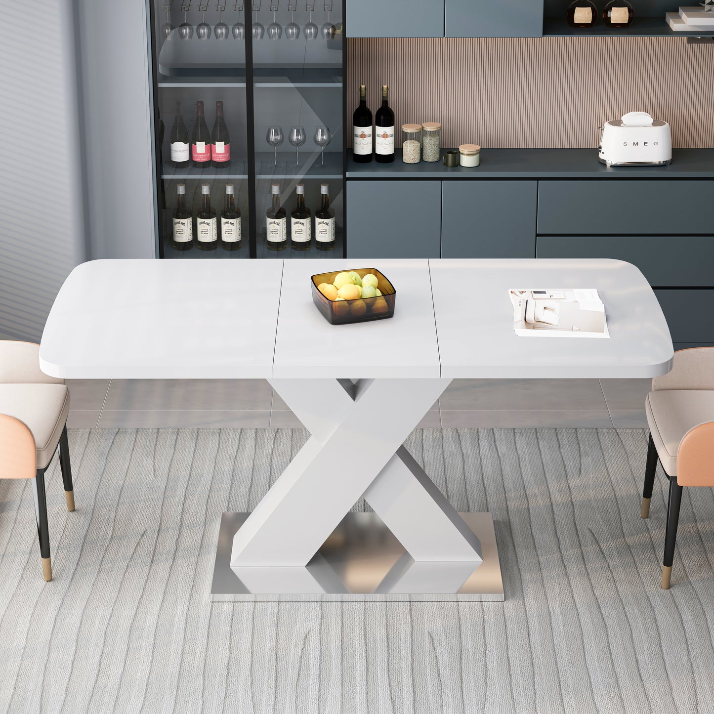 Modern white extendable dining table with a sculptural Xbase