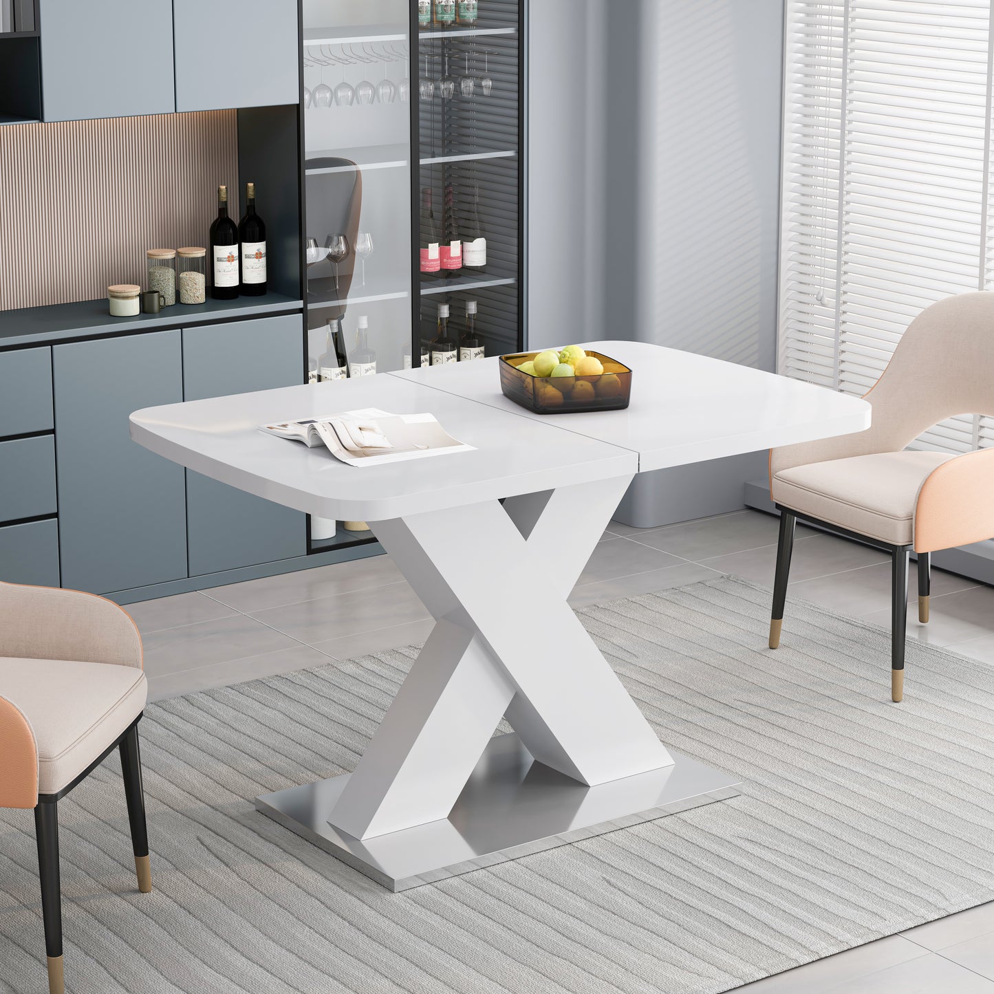 White extendable dining table with Xshaped base
