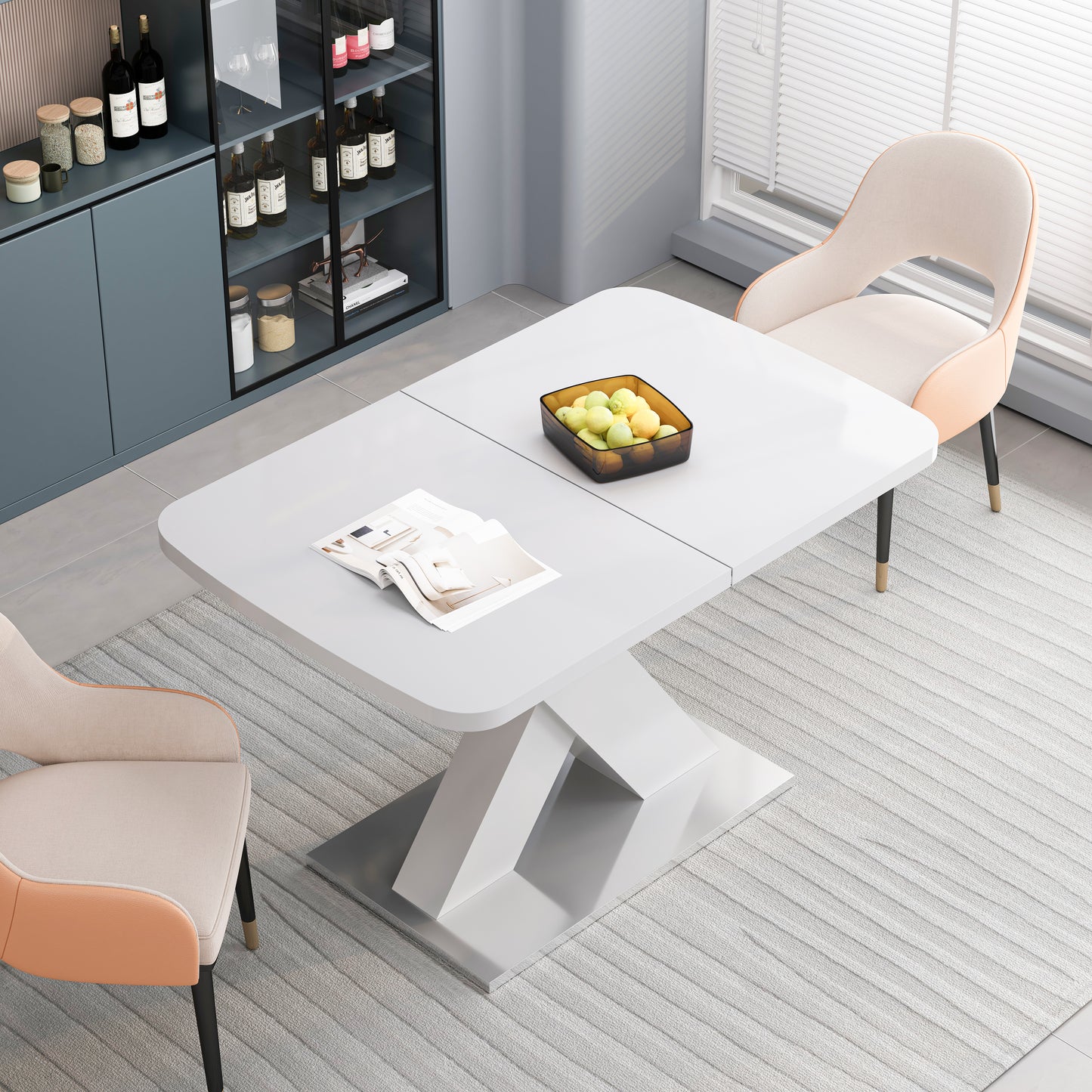 Modern white extending dining table with a striking geometric base