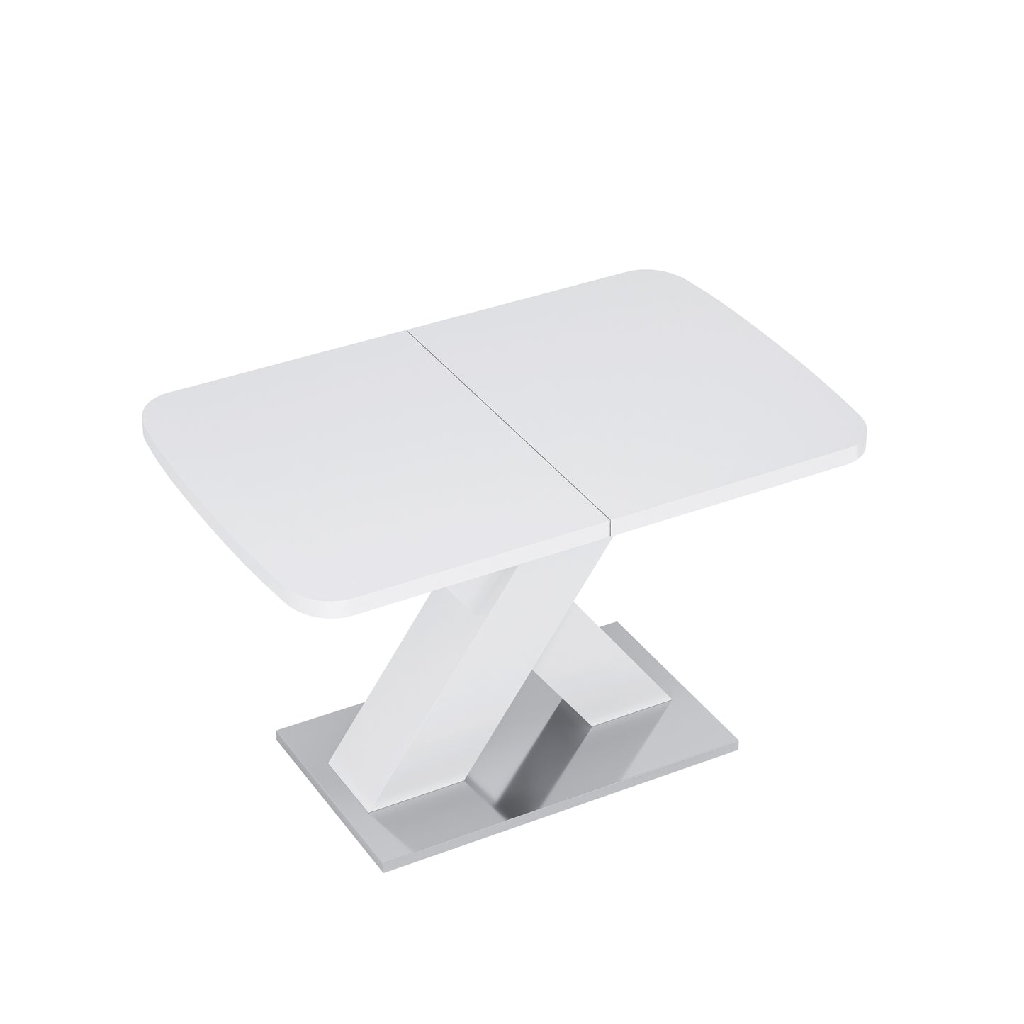 White extendable coffee table with Zshaped base and chrome plate