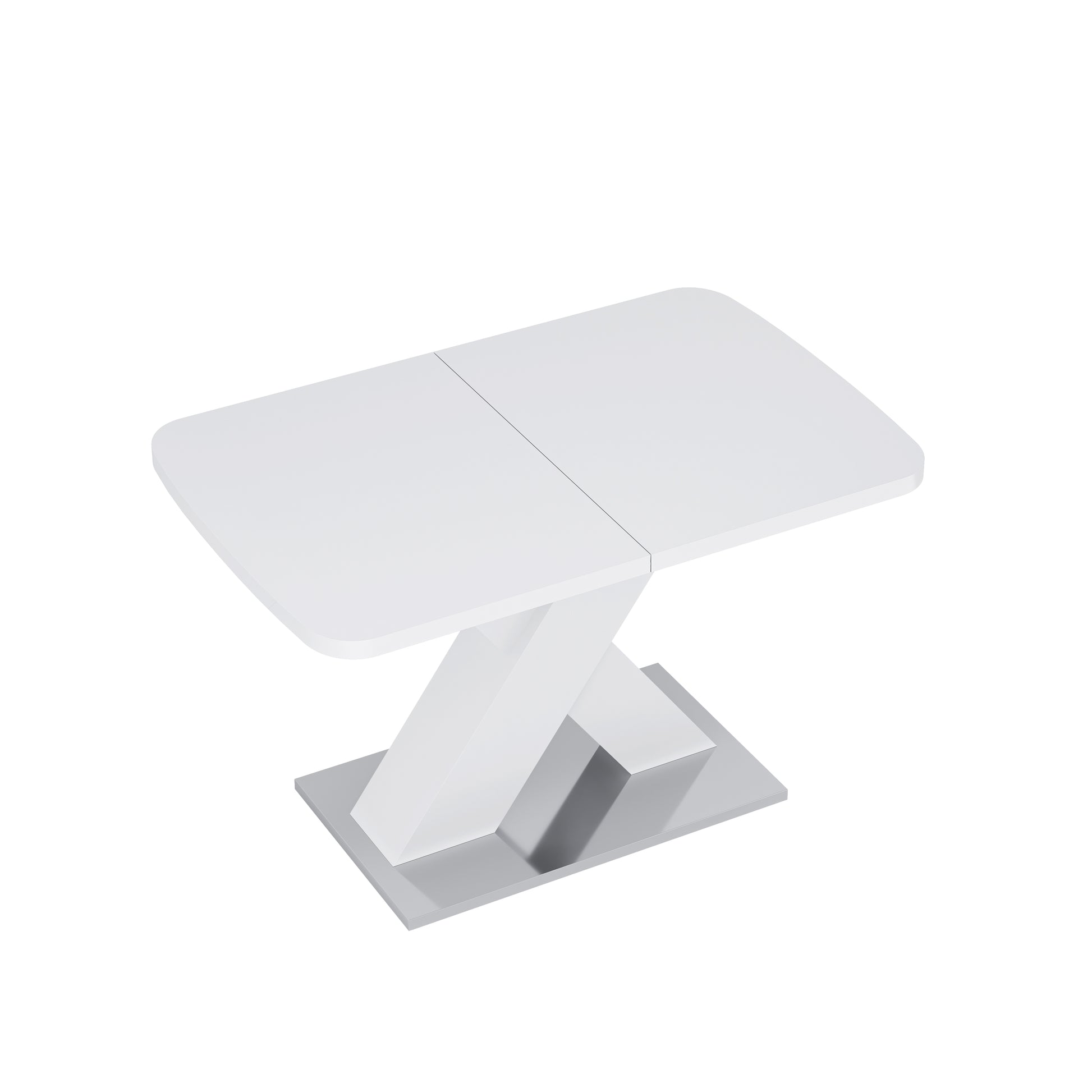 White extendable coffee table with Zshaped base and chrome plate