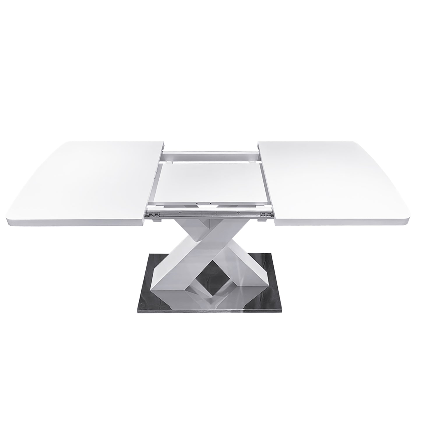 Modern white extending dining table with Xbase pedestal