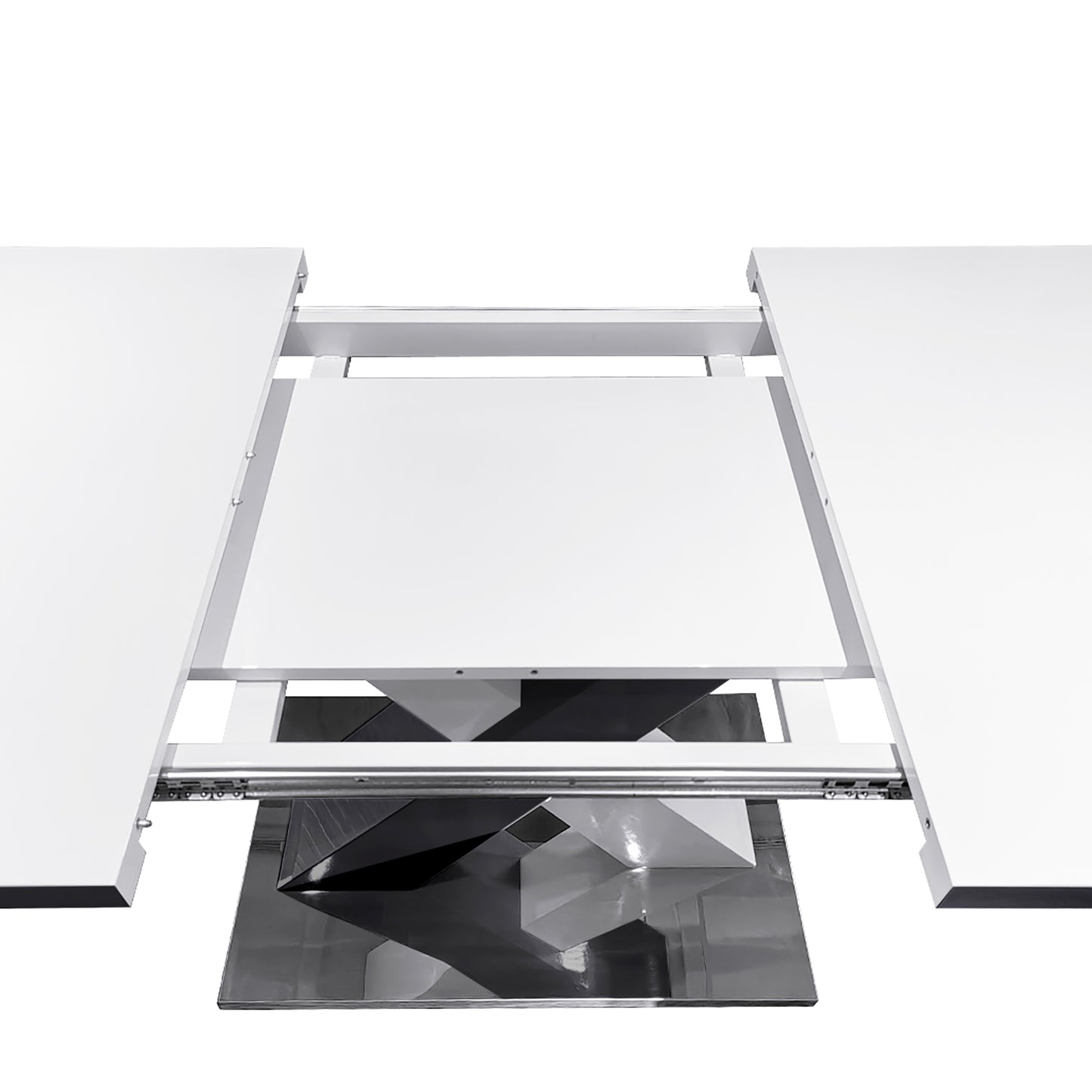 Modern white extendable dining table with chrome geometric pedestal base