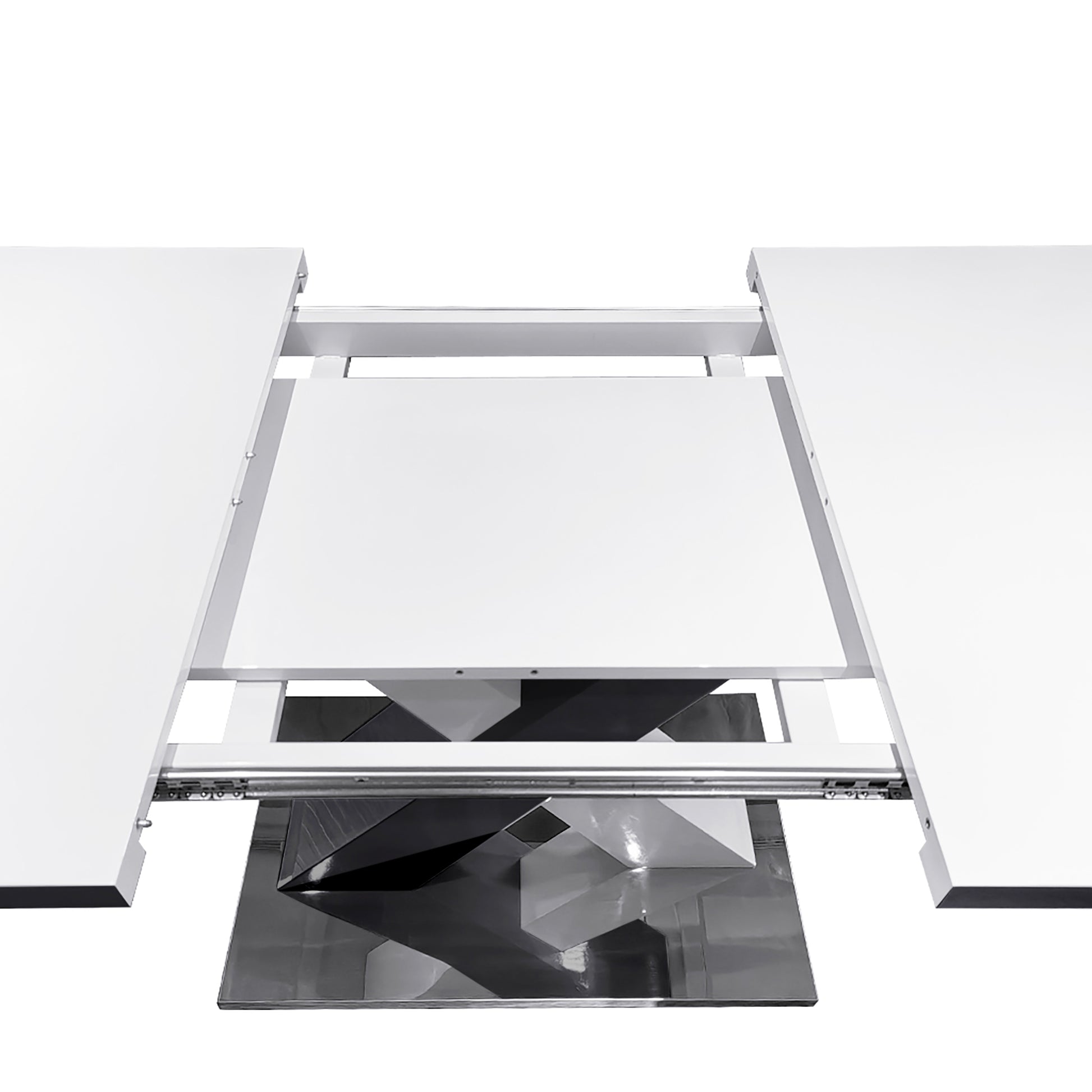Modern white extendable dining table with chrome geometric pedestal base