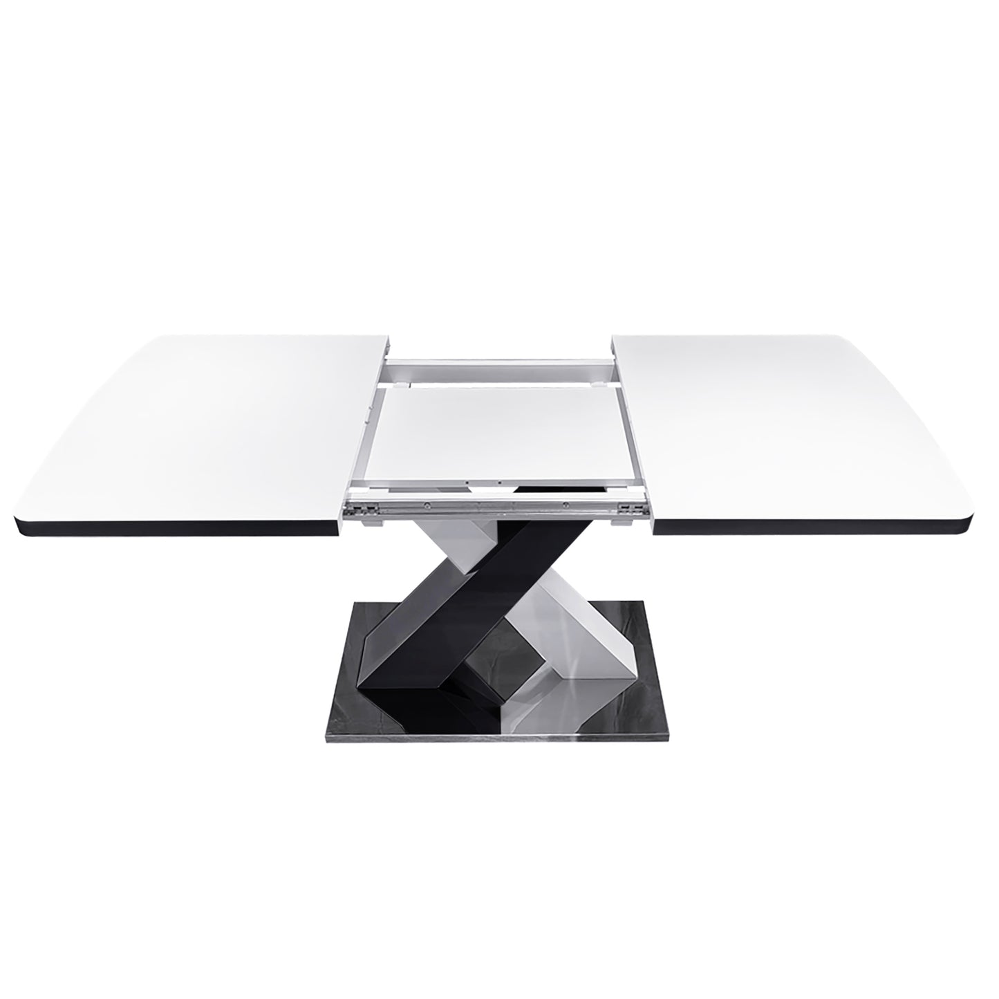 Modern extendable dining table with a white ceramic top and a striking Xshaped pedestal base