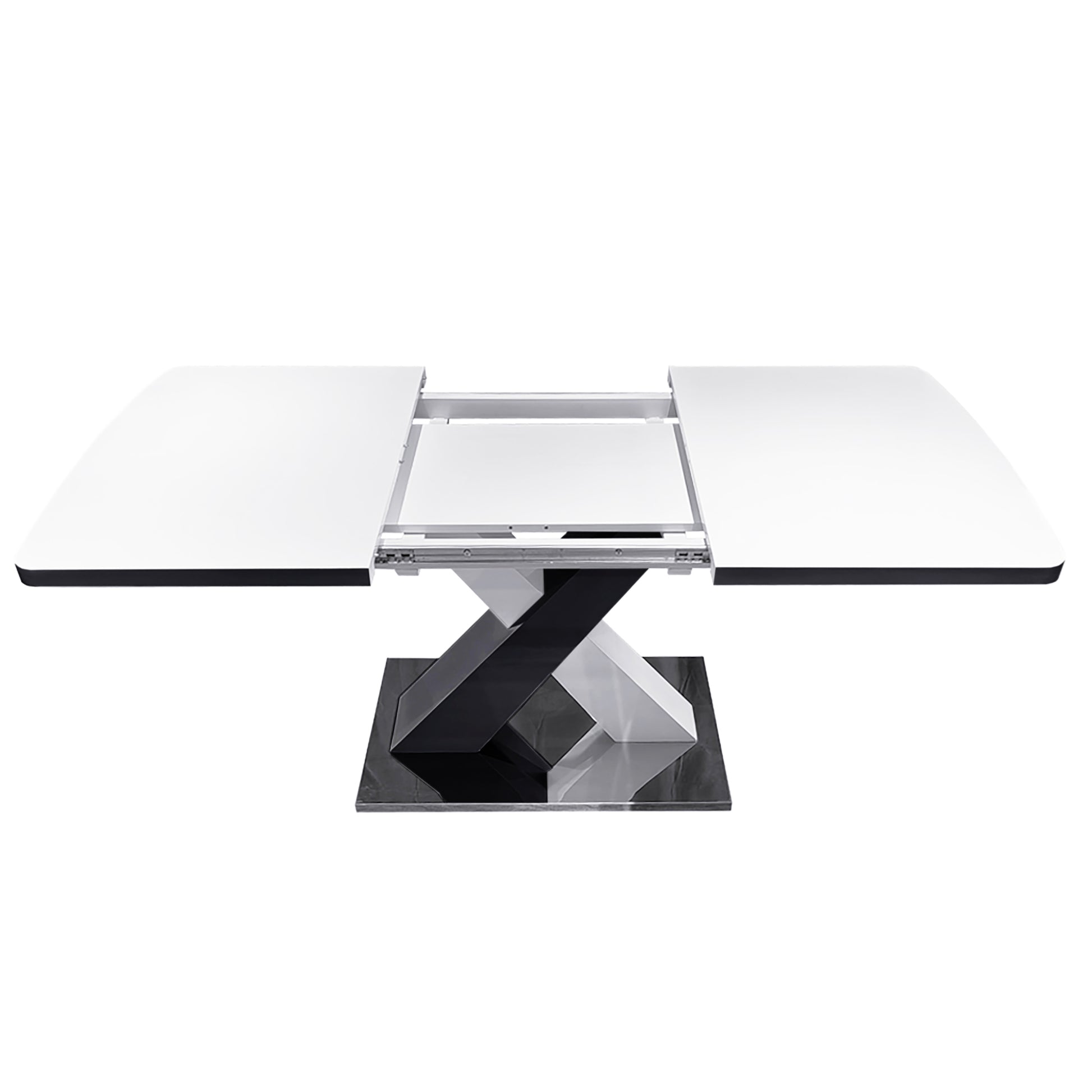 Modern extendable dining table with a white ceramic top and a striking Xshaped pedestal base
