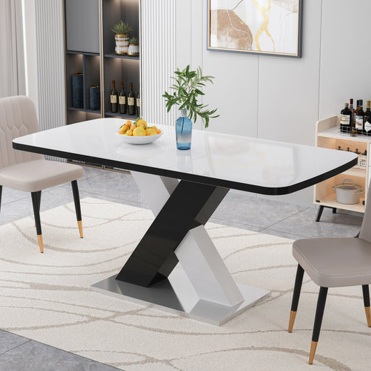 Modern white extendable dining table with black and chrome base