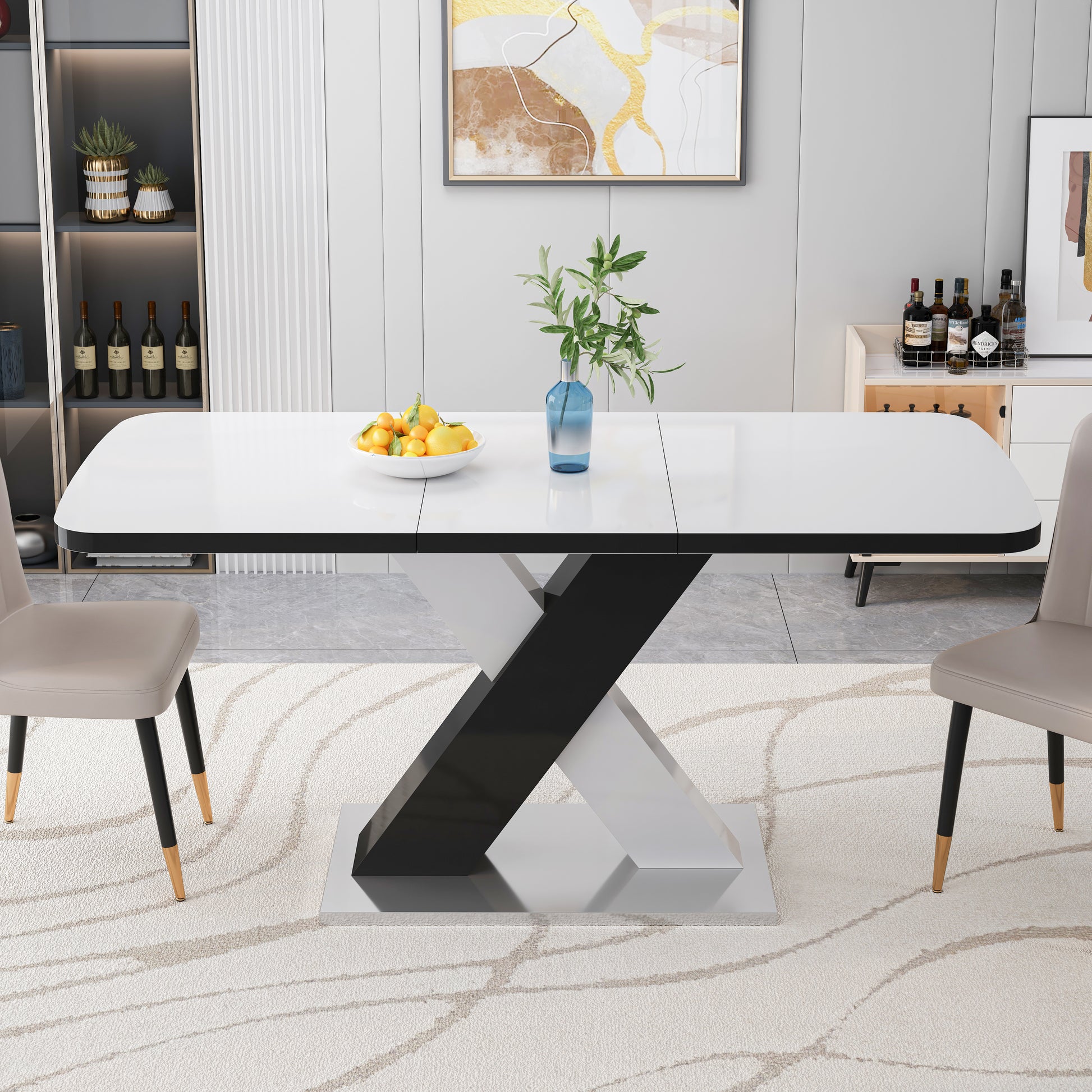 Modern dining table with glossy white top and black Xbase