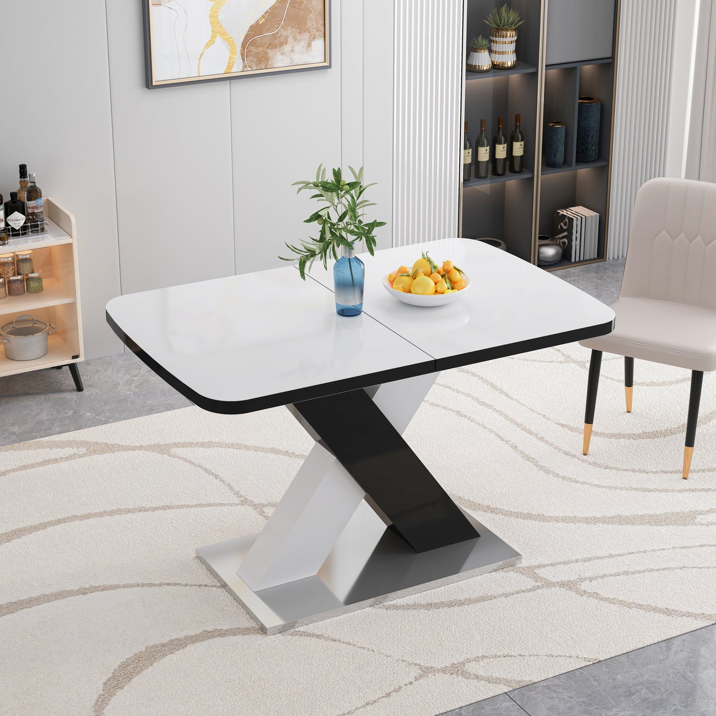 Modern white extendable dining table with a black and white geometric base