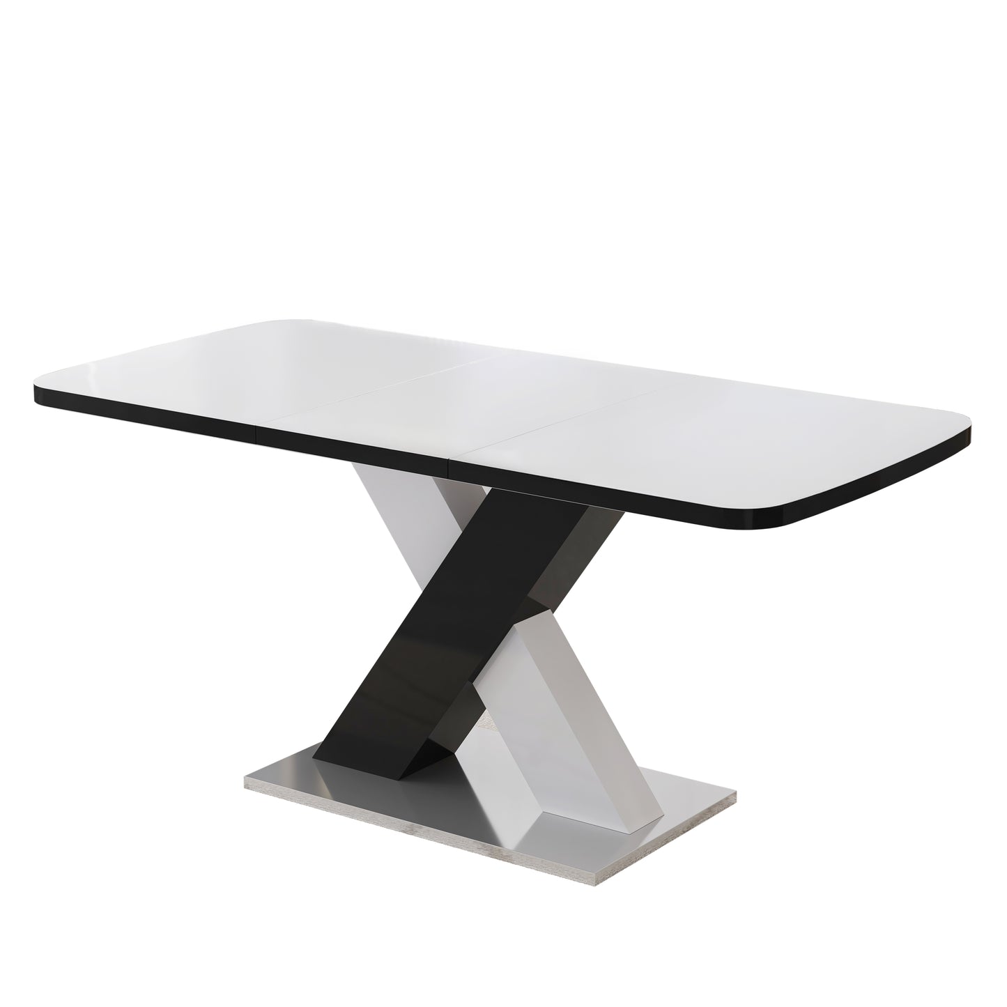 Rectangular white high gloss extending dining table with a striking Xshaped black and white pedestal base