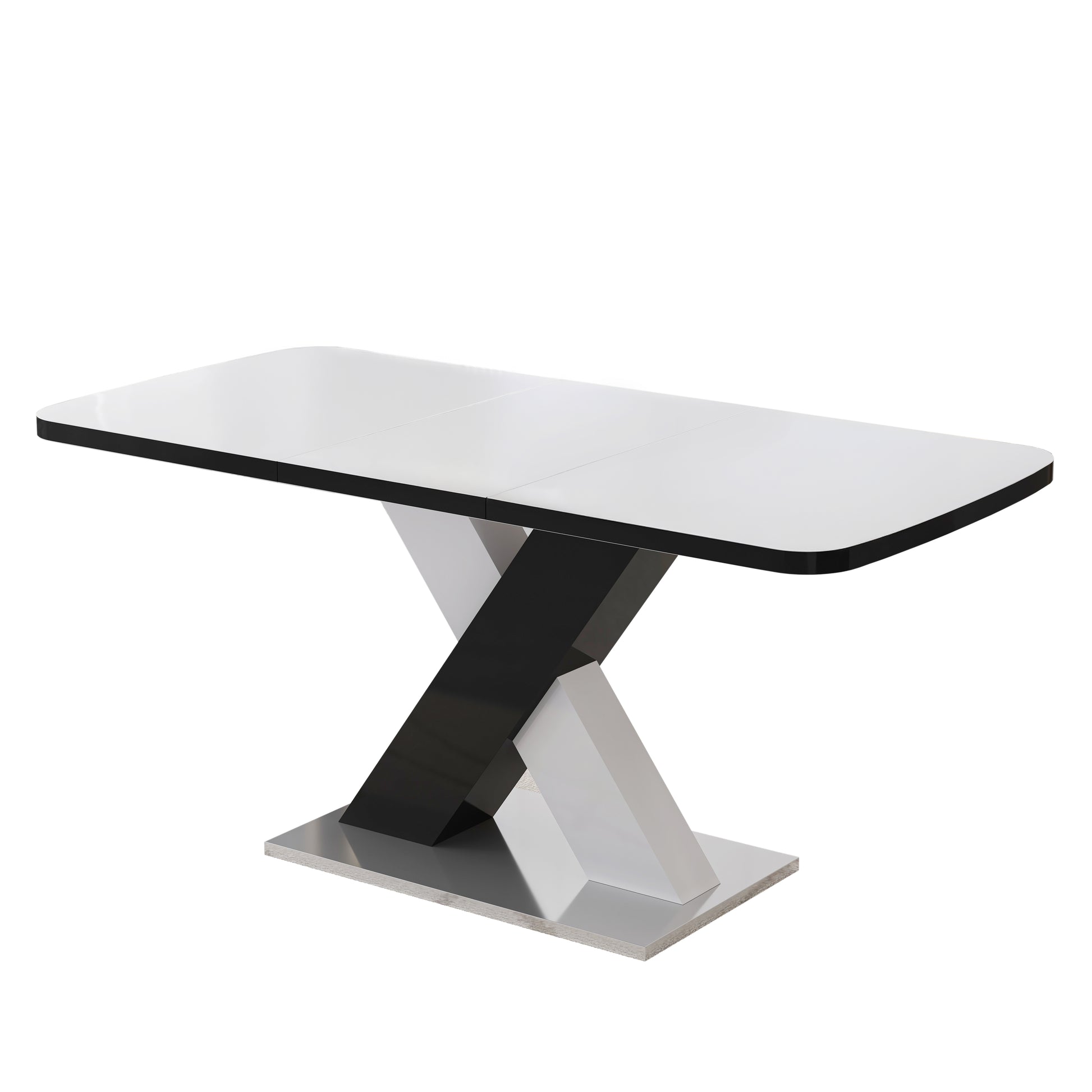Rectangular white high gloss extending dining table with a striking Xshaped black and white pedestal base