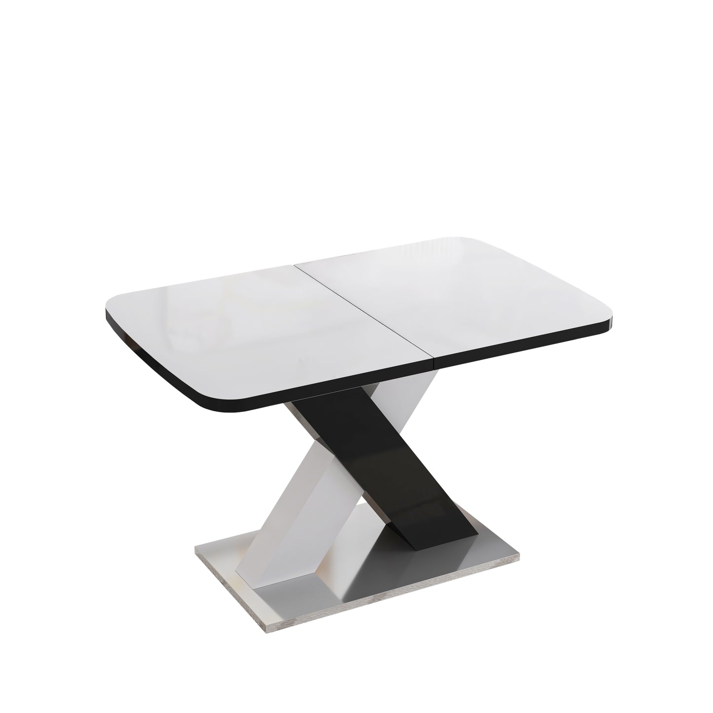 Modern dining table with white glossy top and blackwhite pedestal base