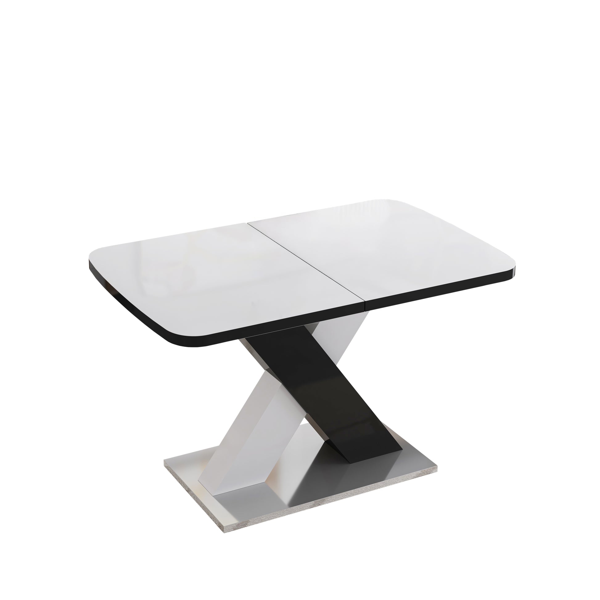 Modern dining table with white glossy top and blackwhite pedestal base