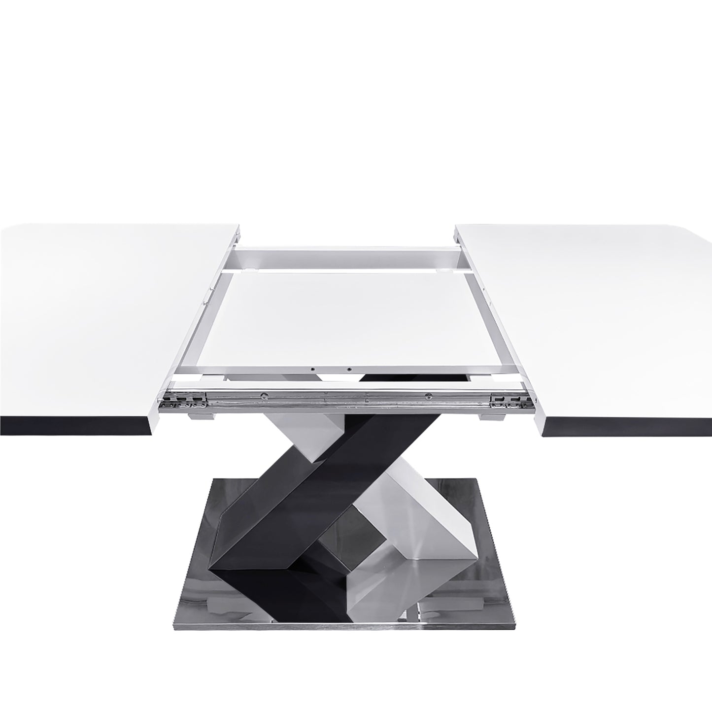 Modern white extendable dining table with chrome accents and striking base