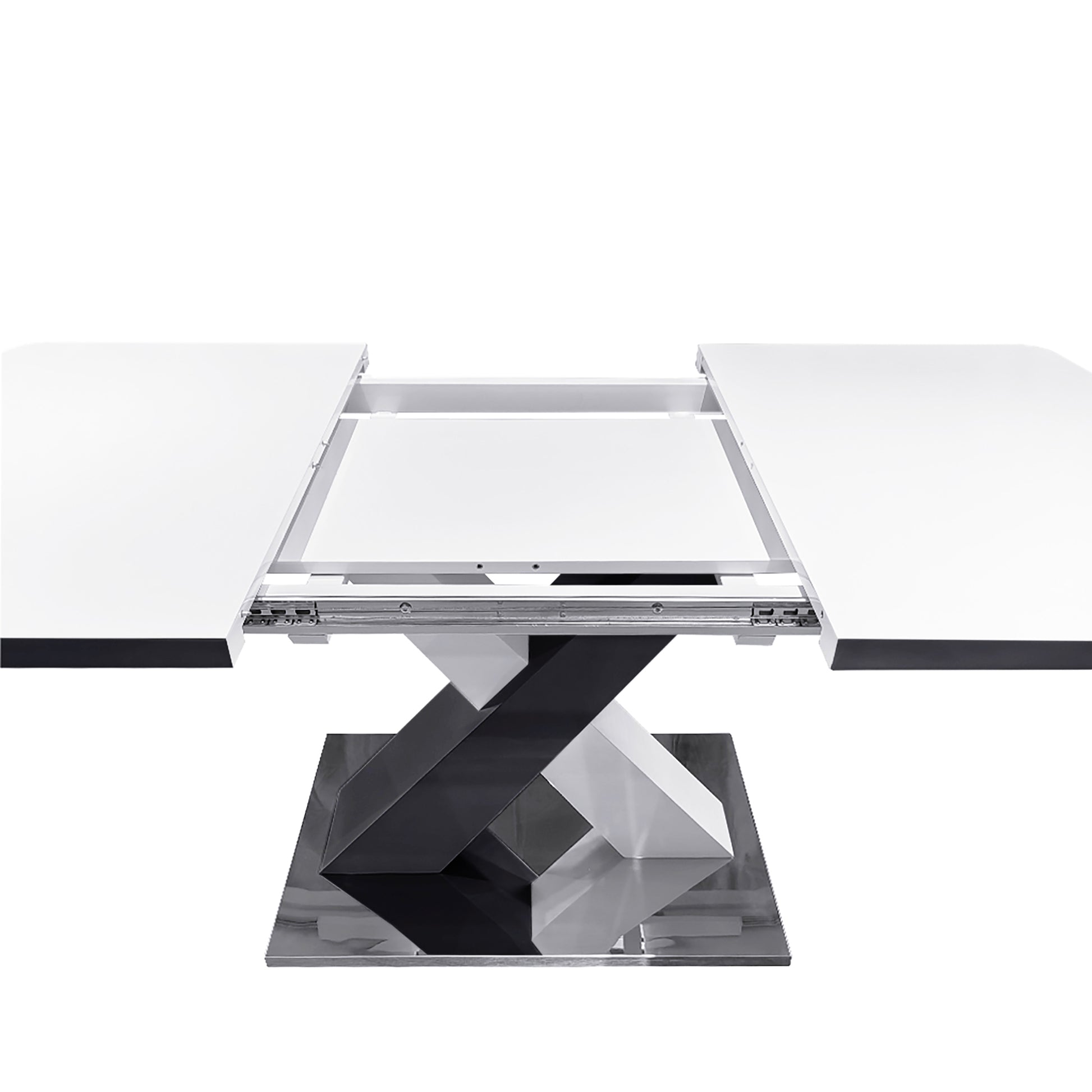 Modern white extendable dining table with chrome accents and striking base