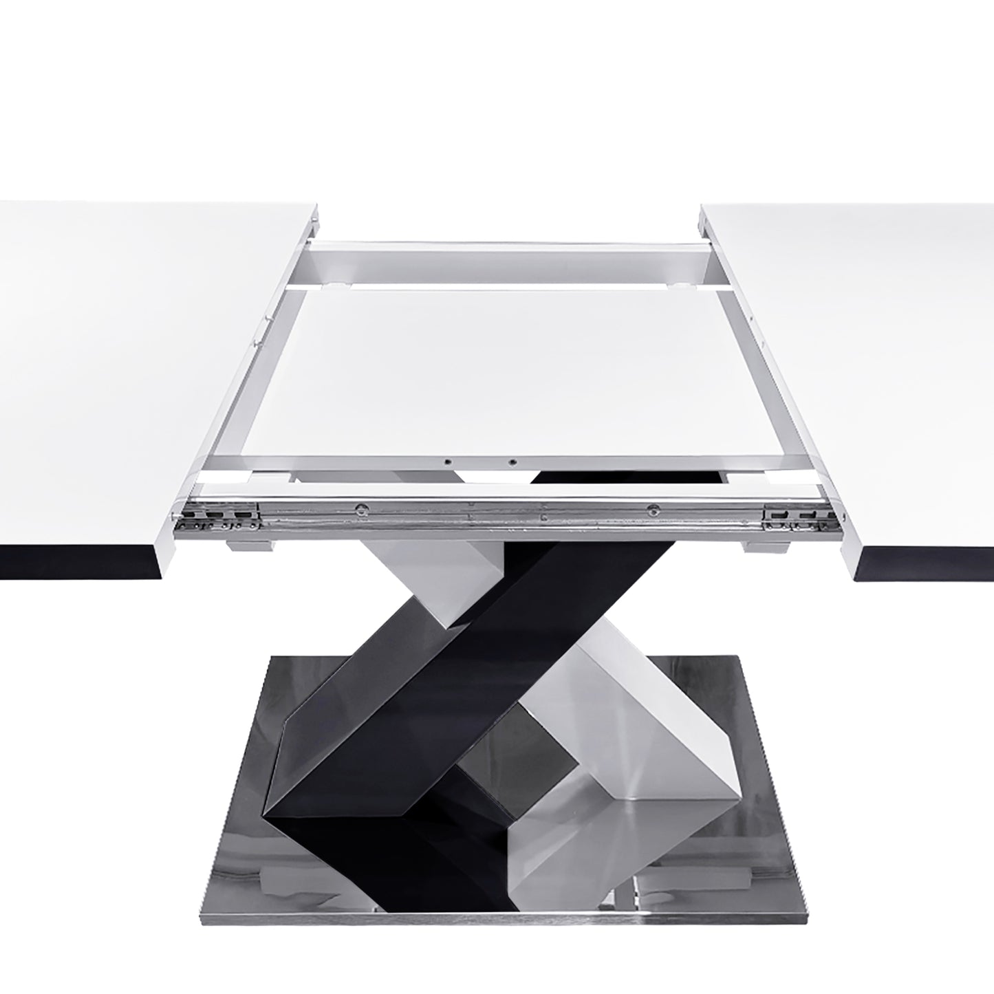 White extending dining table with a modern chrome and black pedestal base