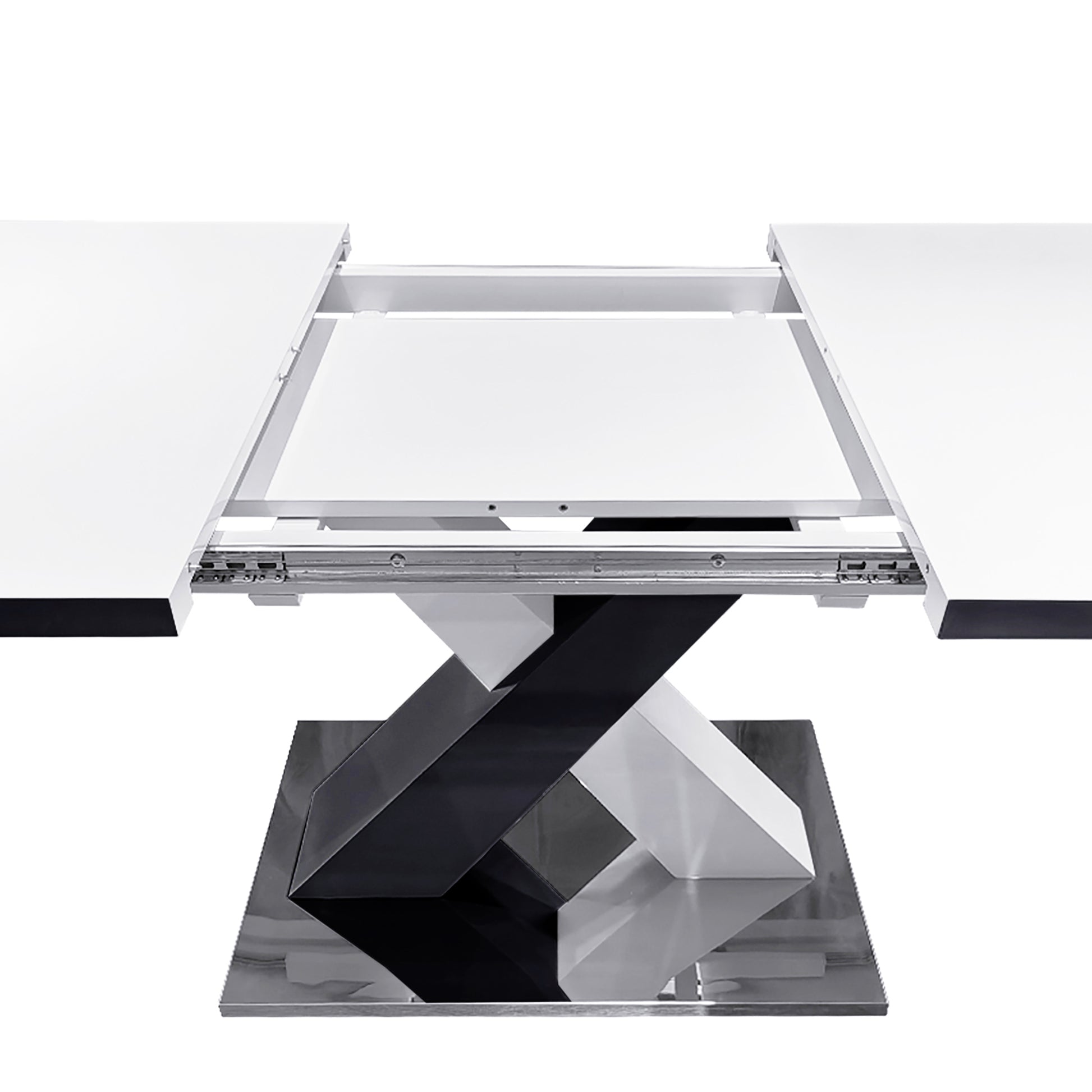 White extending dining table with a modern chrome and black pedestal base