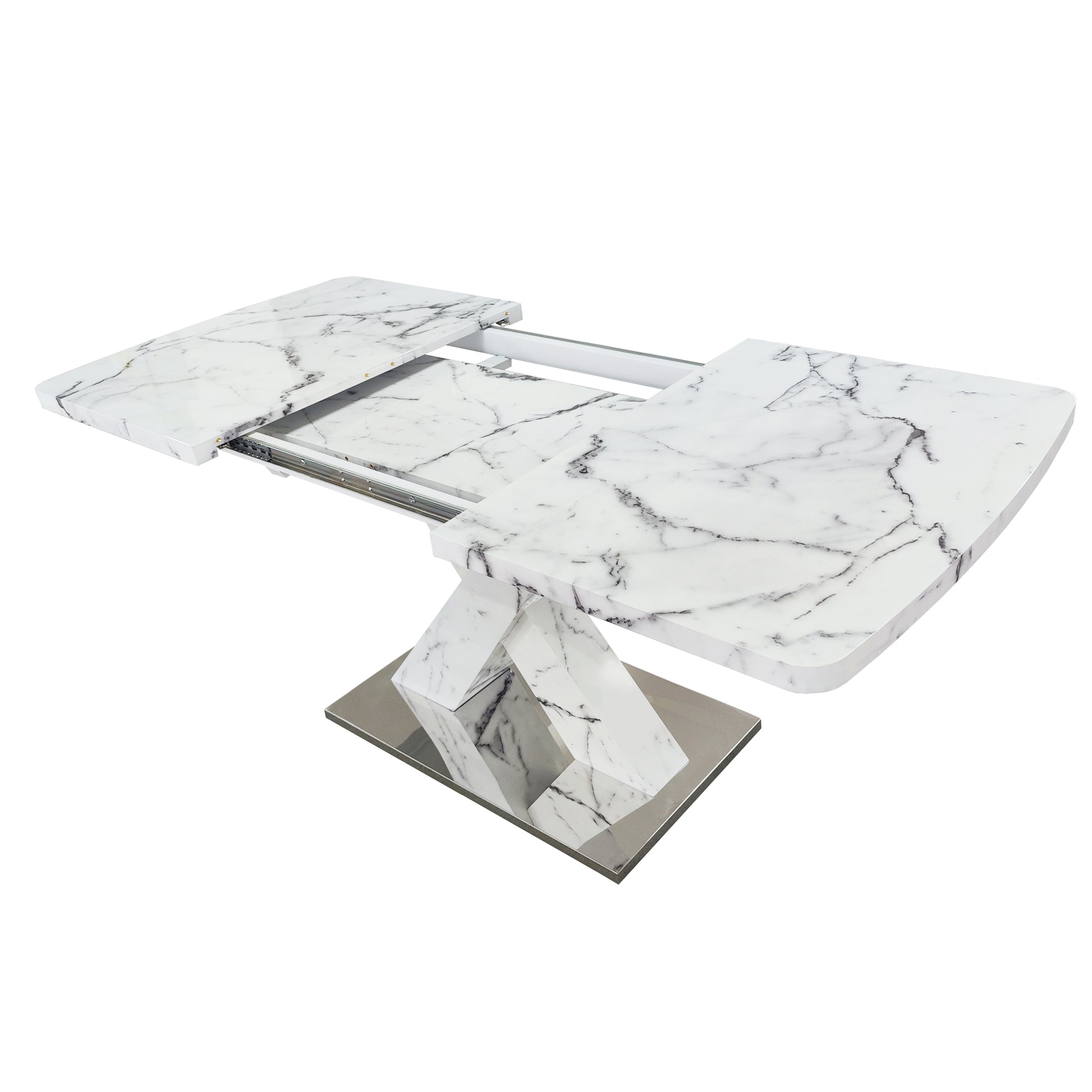 White marble extendable dining table with chrome base