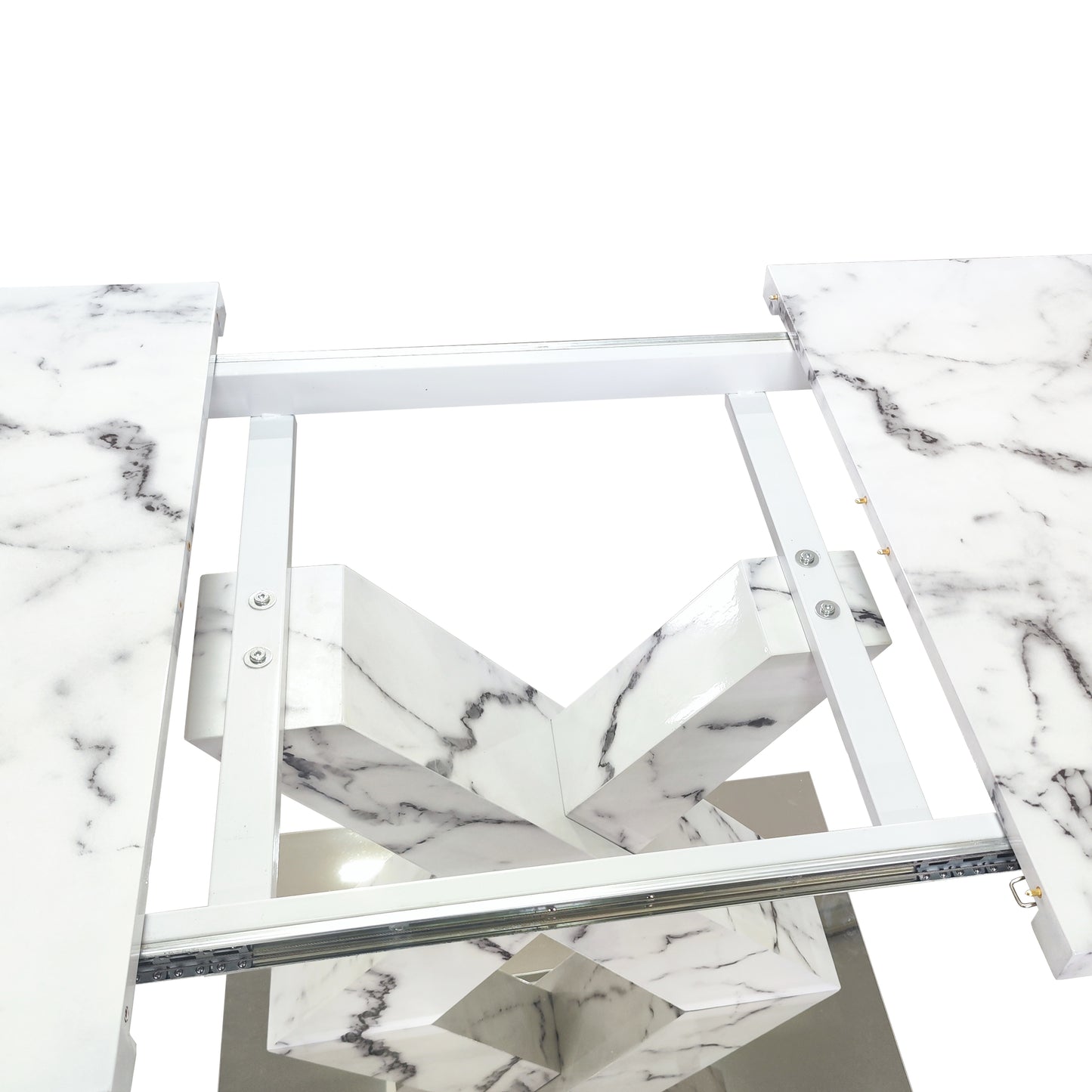 White marble dining table extension mechanism with silver sliders