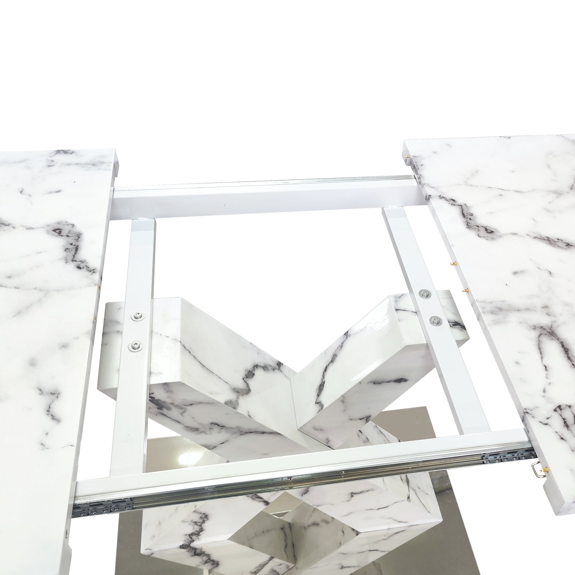 White marble dining table extension mechanism with silver sliders