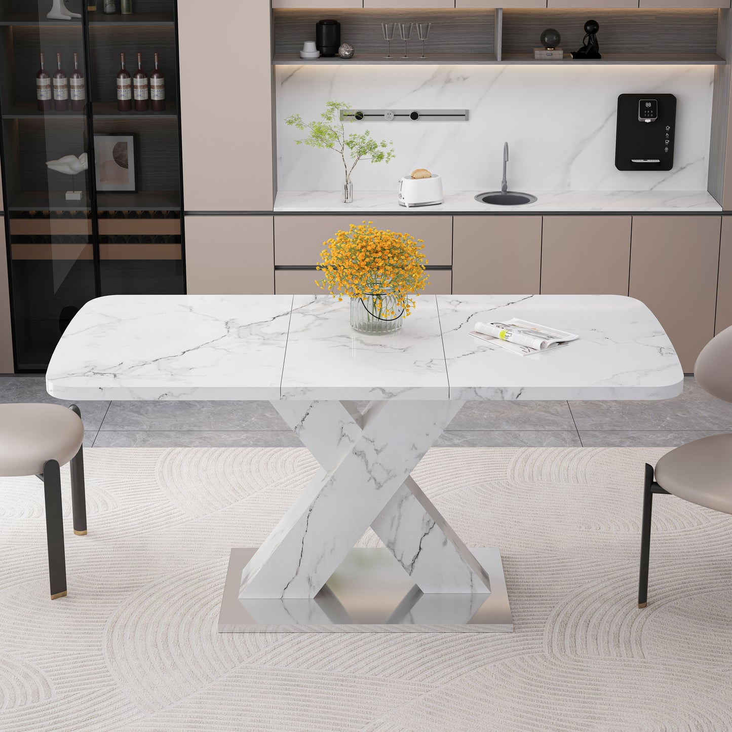 White marble extendable dining table with geometric base